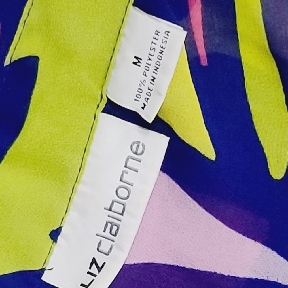 Neon Colorful Geometric Liz Claiborne Blouse Medium Career Semi Sheer - Picture 7 of 14